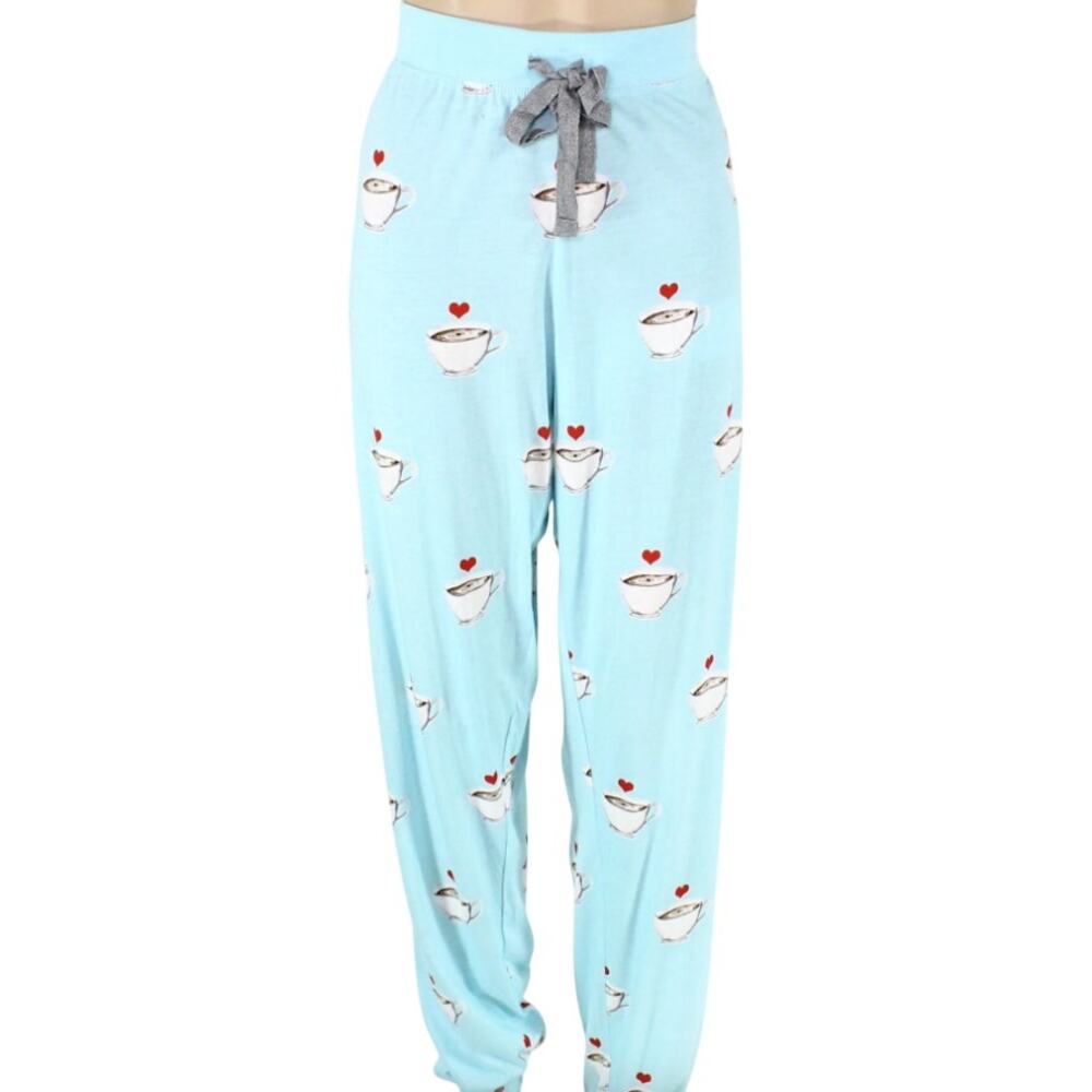 Coffee Lover Blue Pajama Bottoms SMALL Drawstring PJ's Cozy Zoe NEW no Tags $53